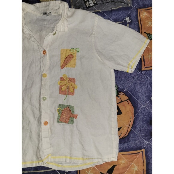 Vintage Linen Shirt Focus USA Button Front Women's XL Garden Patches Embroidered - Picture 2 of 16
